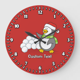 Grande Horloge Ronde Pingouin de Noël avec boules de neige agitant
