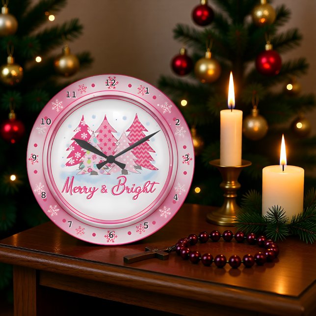 Grande Horloge Ronde Pink Christmas Trees Round Holiday Design (Créateur téléchargé)