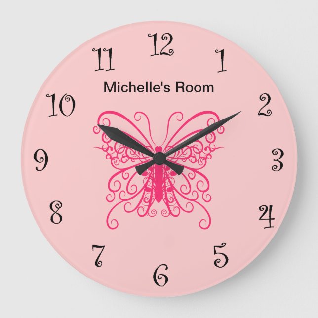 Grande Horloge Ronde Pink Girly Butterfly Clocks (Recto)