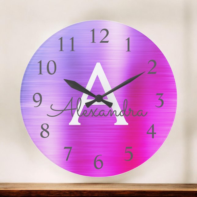 Grande Horloge Ronde Pink Purple Metallic Monogram Nom & Initiation (Créateur téléchargé)