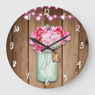 Grande Horloge Ronde Pink String Lights & Mason Jar Flowers Rustic Wood