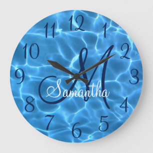 Grande Horloge Ronde Piscine Bleue Aqua Féminine Photo Monogramme
