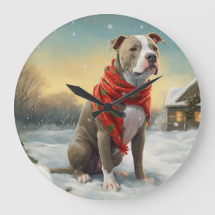 Grande Horloge Ronde Pitbull Chien dans Noël de neige