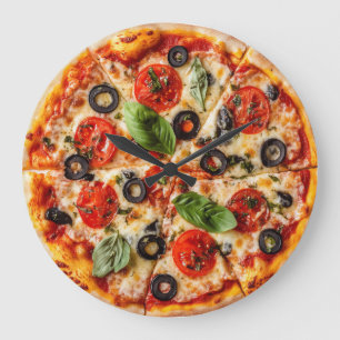 Grande Horloge Ronde Pizza italienne avec tomates, olives et basilic