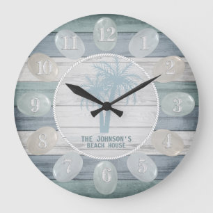 Grande Horloge Ronde Plage Bleue Bois Verre et Palmiers