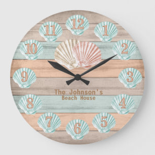 Grande Horloge Ronde Plage Bois Rayures et coques nautiques