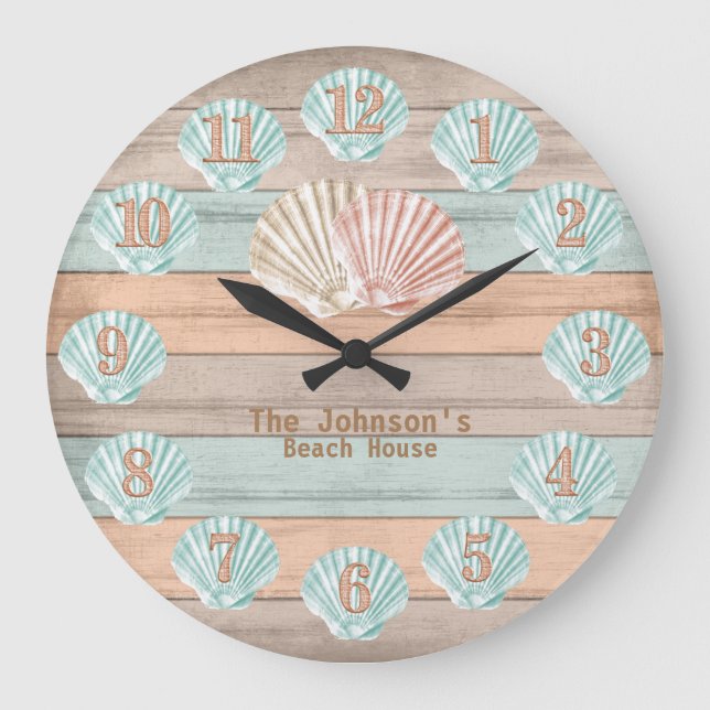 Grande Horloge Ronde Plage Bois Rayures et coques nautiques (Recto)