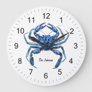 Grande Horloge Ronde Plage d'été de crabe d'aquarelle personnalisée ten