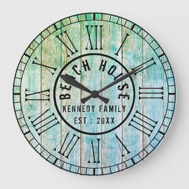 Grande Horloge Ronde Plage Maison Bois Plaques Noir Roman Numéros (Recto)