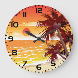 Grande Horloge Ronde Plage Palmiers Île Coucher de Soleil Tropical