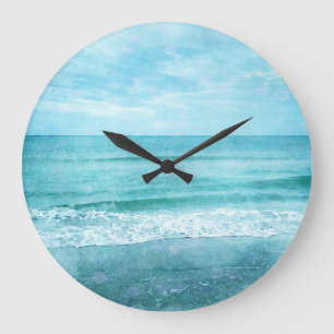 Grande Horloge Ronde Plage Retro - Océan côtier Aquarelle bleu Turquo