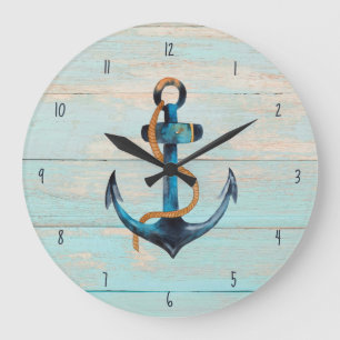 Grande Horloge Ronde Plage Rustique Bois Ancre nautique Côte