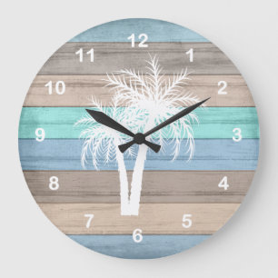 Grande Horloge Ronde Plage Rustique Bois Marin et Palmiers Blancs