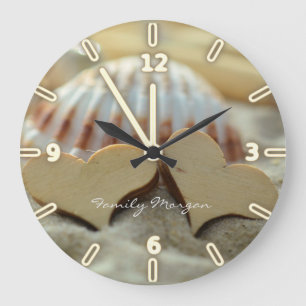 Grande Horloge Ronde Plage,Sable,Coquillage,Coeurs en Bois-Personnalisé