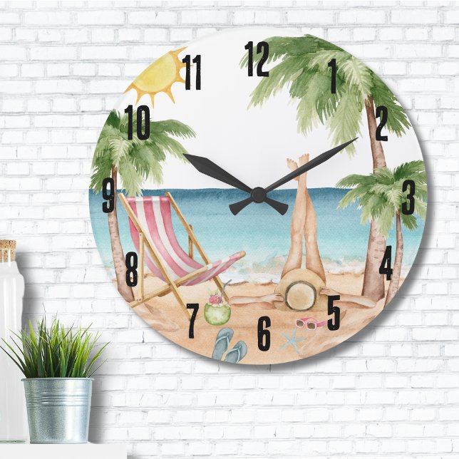 Grande Horloge Ronde Plage tropicale mignonne (Cute Girly Tropical Watercolor Beach Large Clock)