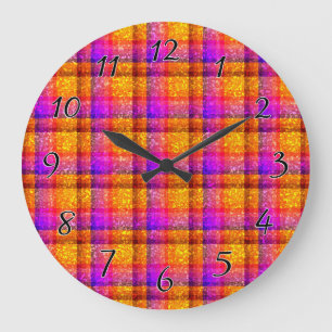 Grande Horloge Ronde Plaid au néon scintillant