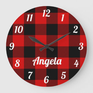 Grande Horloge Ronde Plaid Buffalo rouge et noir personnalisé