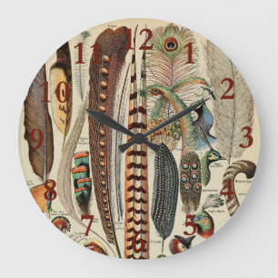 Grande Horloge Ronde Plumes d'oiseaux sauvages Antique