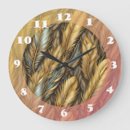 Grande Horloge Ronde Plumes d'or Argent Art