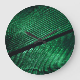 Grande Horloge Ronde Plumes Vertes, Belle Texture Motif.