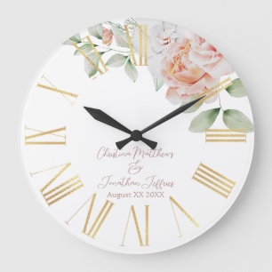 Grande Horloge Ronde Poche et blanc Aquarelle Fleurs Mariage Keepsaké