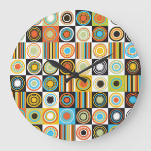Grande Horloge Ronde Points colorés, cercles, rayures arrière - plan.
