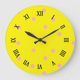 Grande Horloge Ronde Pois roses sur jaune