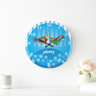 Grande Horloge Ronde Poisson coloré Abstrait nautique