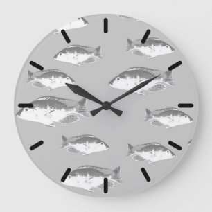 Grande Horloge Ronde Poisson gris monochrome