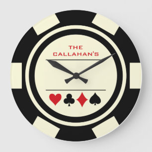 Grande Horloge Ronde Poker Chip Man Cave noir et blanc