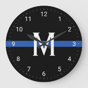 Grande Horloge Ronde Police Ligne Bleue Mince Monogramme Initiale