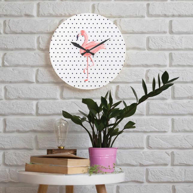 Grande Horloge Ronde Polka Dot Reto Aquarelle rose flamingo (Polka Dot Reto Pink Watercolor flamingo Large Clock)