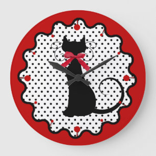 Grande Horloge Ronde Polka Dots and Black Cat