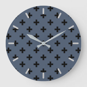 Grande Horloge Ronde Polka noire croise sur bleu-gris