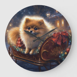 Grande Horloge Ronde Pomeranian Fêtes de Noël Brossé