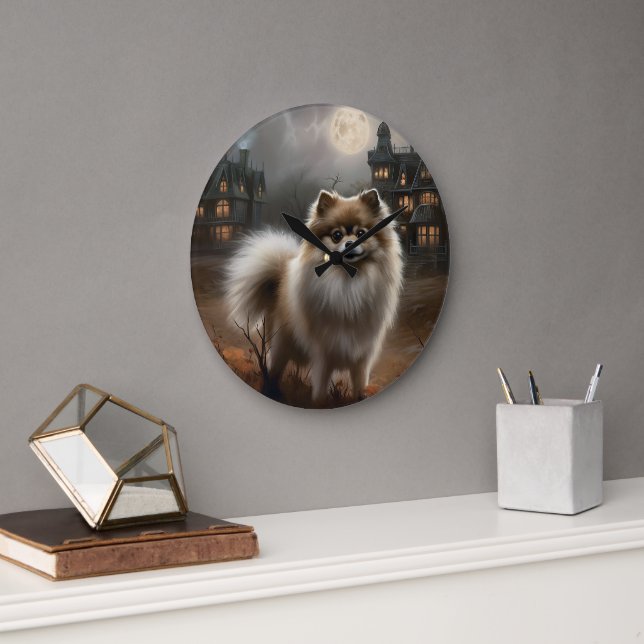 Grande Horloge Ronde Pomeranian Halloween Épouvantable (Bureau)
