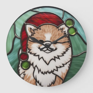 Grande Horloge Ronde Pomeranian Vitrail de Noël