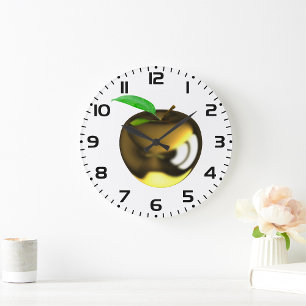Grande Horloge Ronde Pomme dorée avec feuille brillante métallique