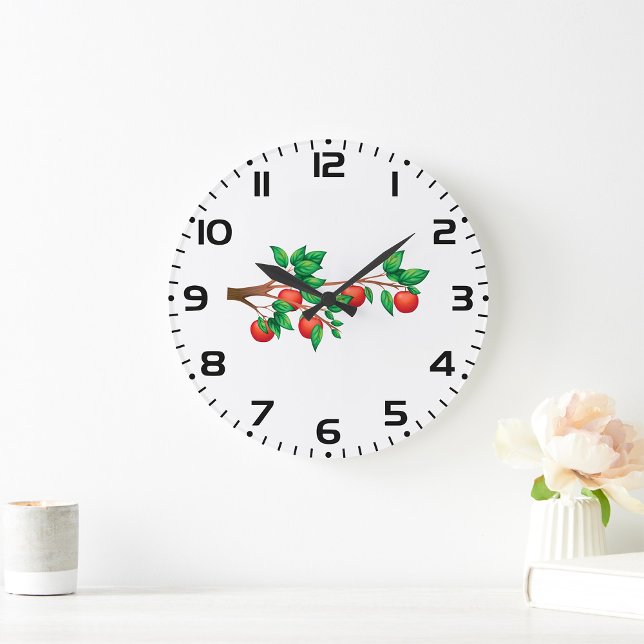 Grande Horloge Ronde Pommier rouge Branche Fruit frais et Feuilles vert (Créateur téléchargé)
