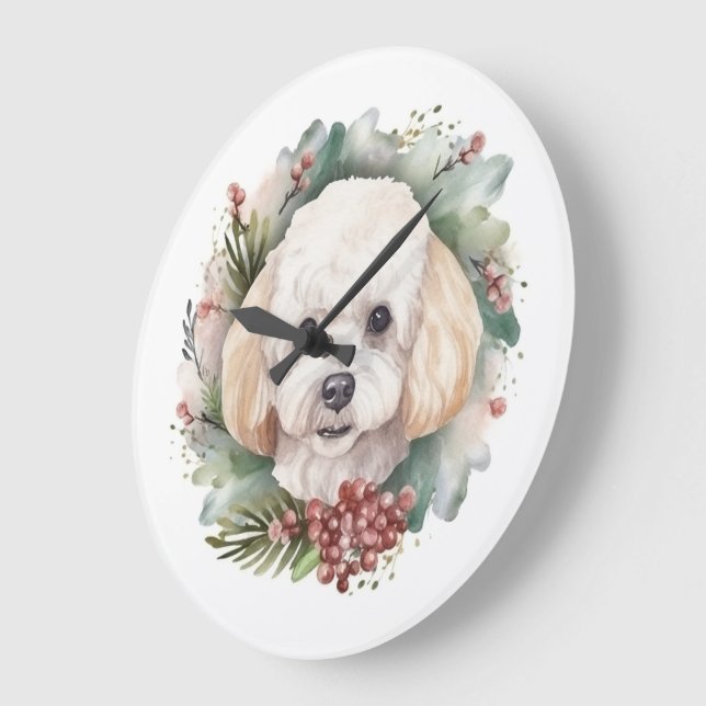 Grande Horloge Ronde Poodle Noël Wreath Festive Pup (Angle)