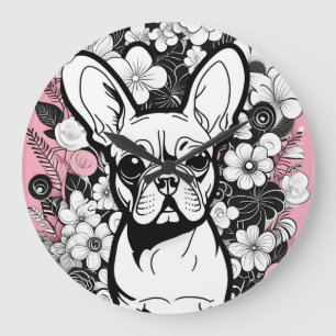Grande Horloge Ronde Pop Art Flowers et French Bulldog