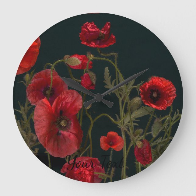 Grande Horloge Ronde Poppies Rouges Vibrantes Sur Noir (Recto)