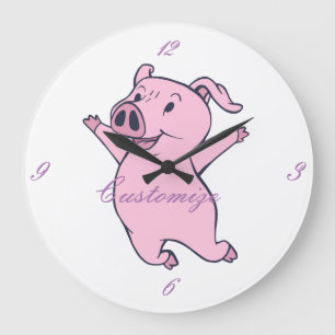 Grande Horloge Ronde Porc rose heureux sautant Thunder_Cove