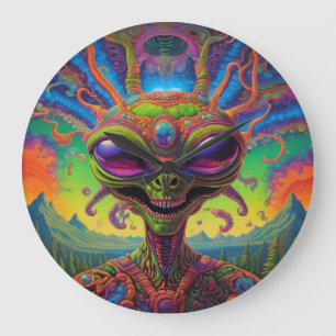 Grande Horloge Ronde Portrait d'alien psychédélique