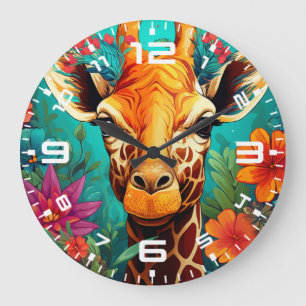 Grande Horloge Ronde Portrait de la Giraffe florale-9319