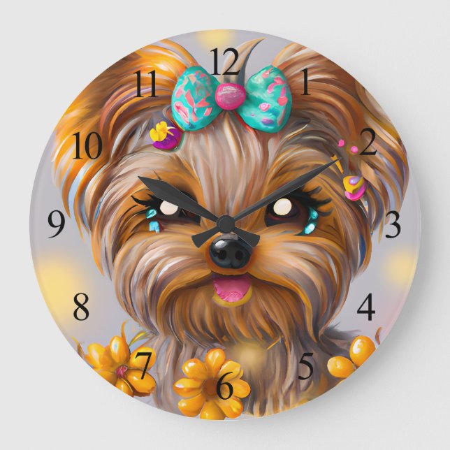 Grande Horloge Ronde Poster de la chiotte Yorkie Kawaii (Recto)