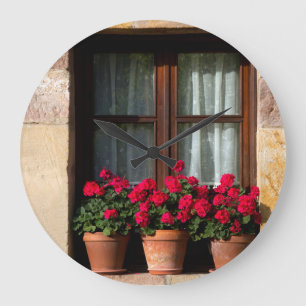 Grande Horloge Ronde Pots de fleurs de fenêtres dans le village