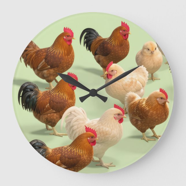 Grande Horloge Ronde Poulet sur fond vert clair (Recto)