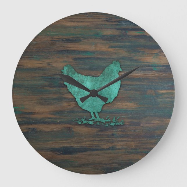 Grande Horloge Ronde Poulets rustiques (Turquoise) (Recto)