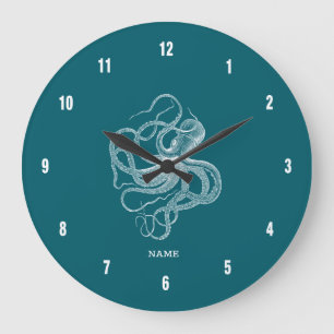 Grande Horloge Ronde Poulpe blanc sur fond turquoise personnalisé mono